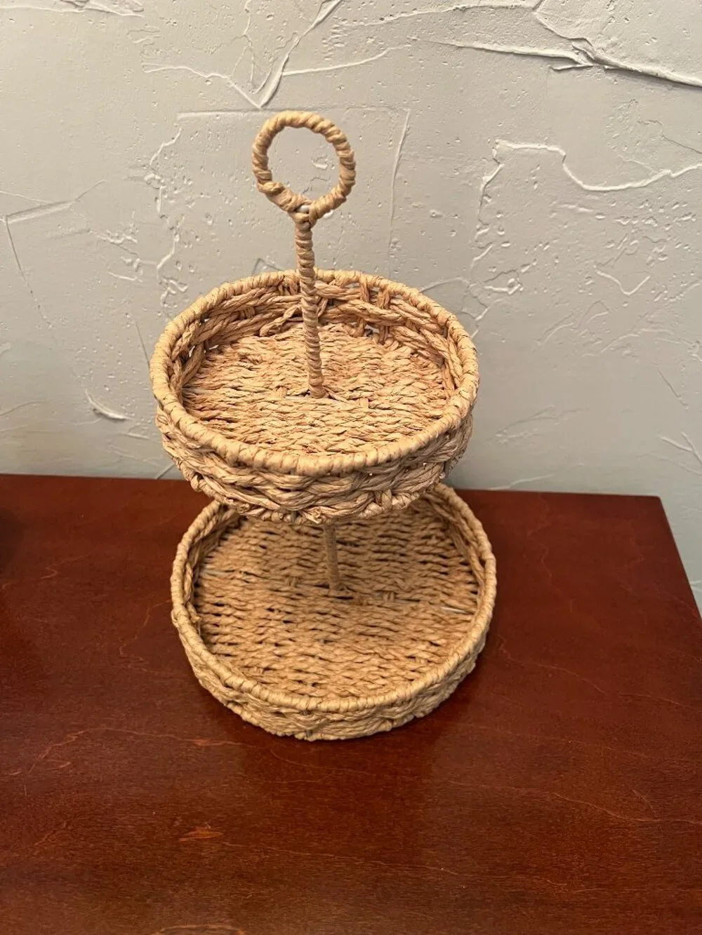 Rustic Woven Two-Tier Tray Stand Rattan Wicker Countertop Organizer